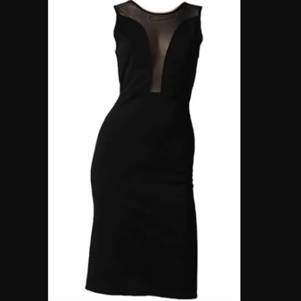 For Love and Lemons Fitted Black Midi Dress with Sheer Mesh Detail - Size XS